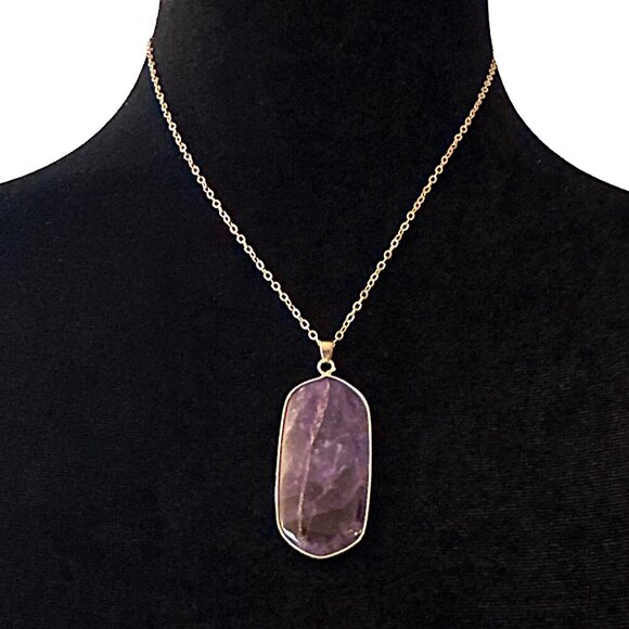 Natural Quartz Amythest Pendant Necklace Purple Gold Tone Adjustable Length - Picture 1 of 5